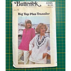 VTG 70s Butterick 4165 Boho Tunic Top Embroidery Transfer Sz 12 FF UC